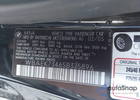 2005 BMW 645Ci z USA, uszkodzony, nr VIN WBAEK73465B325896